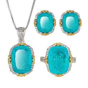 Best Selling Vintage 12*16-10*12 Cubic Zirconia Necklace <b>Earrings</b> Ring Set Copper Gold Plated Blue Wedding Party Jewelry - Product Image 1