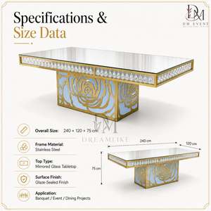Elegant Gold Stainless Steel <b>Mirrored</b> Glass Dining Table <b>Crystal</b> Trim Floral Pedestal Base for Wedding Banquet - Product Image 2
