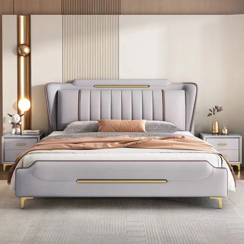 विशेष डिजाइन इतालवी नवीनतम आधुनिक लक्जरी बेडरूम सेट फर्नीचर हाई एंड डबल बेड बड़ा हेडबोर्ड किंग साइज बेड बिस्तर सेट