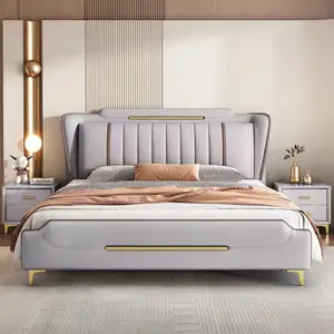 Juego de dormitorio de lujo moderno último italiano de diseño exclusivo, muebles, cama doble de gama alta, cabecero grande, cama tamaño King, juego de cama