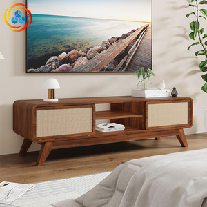 Minimalist Rattan <b>TV</b> Cabinet with Curved Edges & Open Storage, European Style Wood <b>TV</b> Stand for Living Room, Anti-Bump <b>Design</b> - Product Image 3