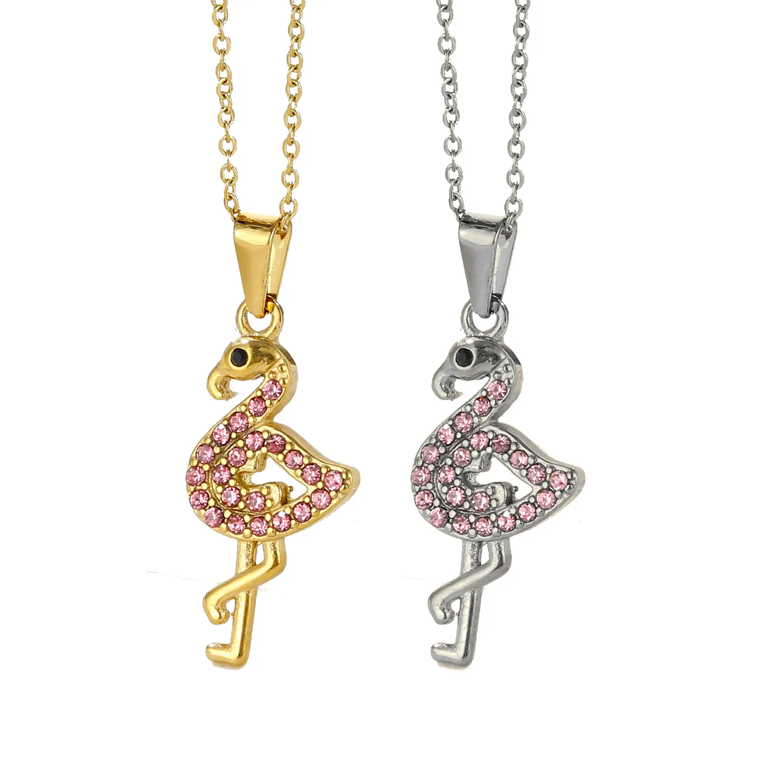 Ins Style Pink Crystal Flamingo Pendant Necklaces Stainless Steel 18k Gold Plated Rhinestone Bird Necklace Gifts For Women Girl