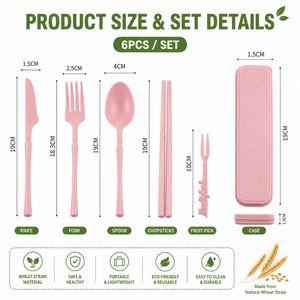 Juego de cubiertos portátiles de paja de trigo, utensilios de viaje ecológicos, cuchara, tenedor y palillos reutilizables con estuche, <span class=keywords><strong>vajilla</strong></span> sin BPA - Product Image 4