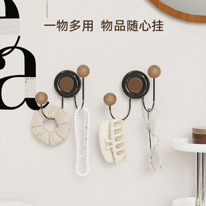Double Wooden Ball Suction Hooks Black Creamy Yellow Double Hook Strong Adhesion For Bathroom Kitchen Door Entryway - Product Image 2