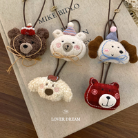 Breloques de sac en peluche miniatures Kawaii (ours, chien), pendentifs suspendus en forme de tête d'animal moelleuse avec bonnet tricoté d'hiver, porte-clés en polaire douce avec cordon pour sac à dos