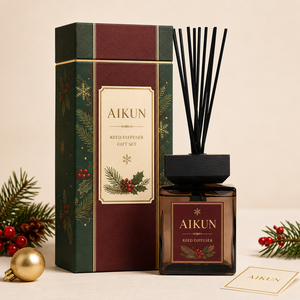 Aikun 100ML Amber Allure Square Tinted Glass Christmas Reed Diffuser with Black Fiber Sticks Wooden Cap for Holiday Gifts - Product Image 4