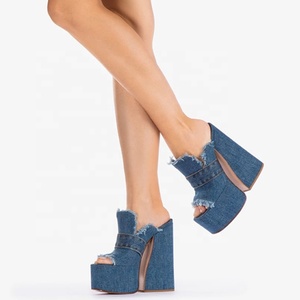 High Chunky Heels Women Thick Platform Peep Toe Denim Sandals Summer on Slippers Jeans <b>Shoes</b> Custom Logo Colors - Product Image 6