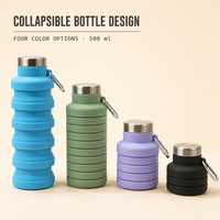 Bouteille d'eau pliable en silicone 500 ml avec couvercle en acier inoxydable, mousqueton et design de voyage pliable
