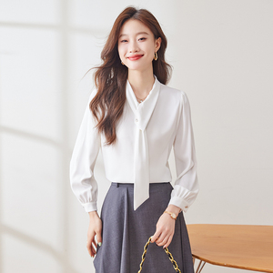 2025 <span class=keywords><strong>Moda</strong></span> Blusa de gasa de manga larga con cuello en V para mujer Tops de oficina para mujer con lazo liso teñido 8306 Blusas - Product Image 6