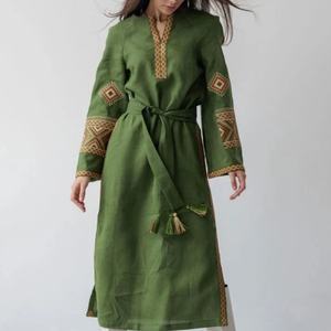 เดรสผ้าฝ้ายลินินผู้หญิง คอวี แขนยาว ทรงเอ สไตล์ลำลอง สำหรับวันหยุด ปักลาย  ความยาวปานกลาง เหมาะสำหรับฤดูร้อน - Product Image 1