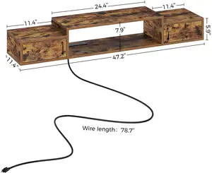 Плавающая полка для телевизора с розеткой, настенная телевизионная стойка 47 дюймов с дверцами, Деревенский коричневый