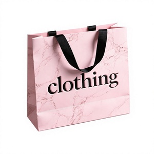 ถุงกระดาษร้านเสื้อผ้าระดับไฮเอนด์ ลายหินอ่อนสีชมพู แข็งแรงทนทาน พร้อมหูหิ้วไนลอนสีดำ และโลโก้แบบนูน - Product Image 2