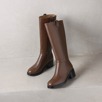 Bottes d'équitation d'hiver en cuir véritable à bout rond, à talon épais et hauteur genou