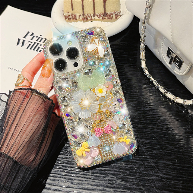 Luxury Fashion Girly Perfume Bottle Flower Diamond Acrylic Phone Case for iphone 13 14 15 16 Pro Max Crystal Protective Cover