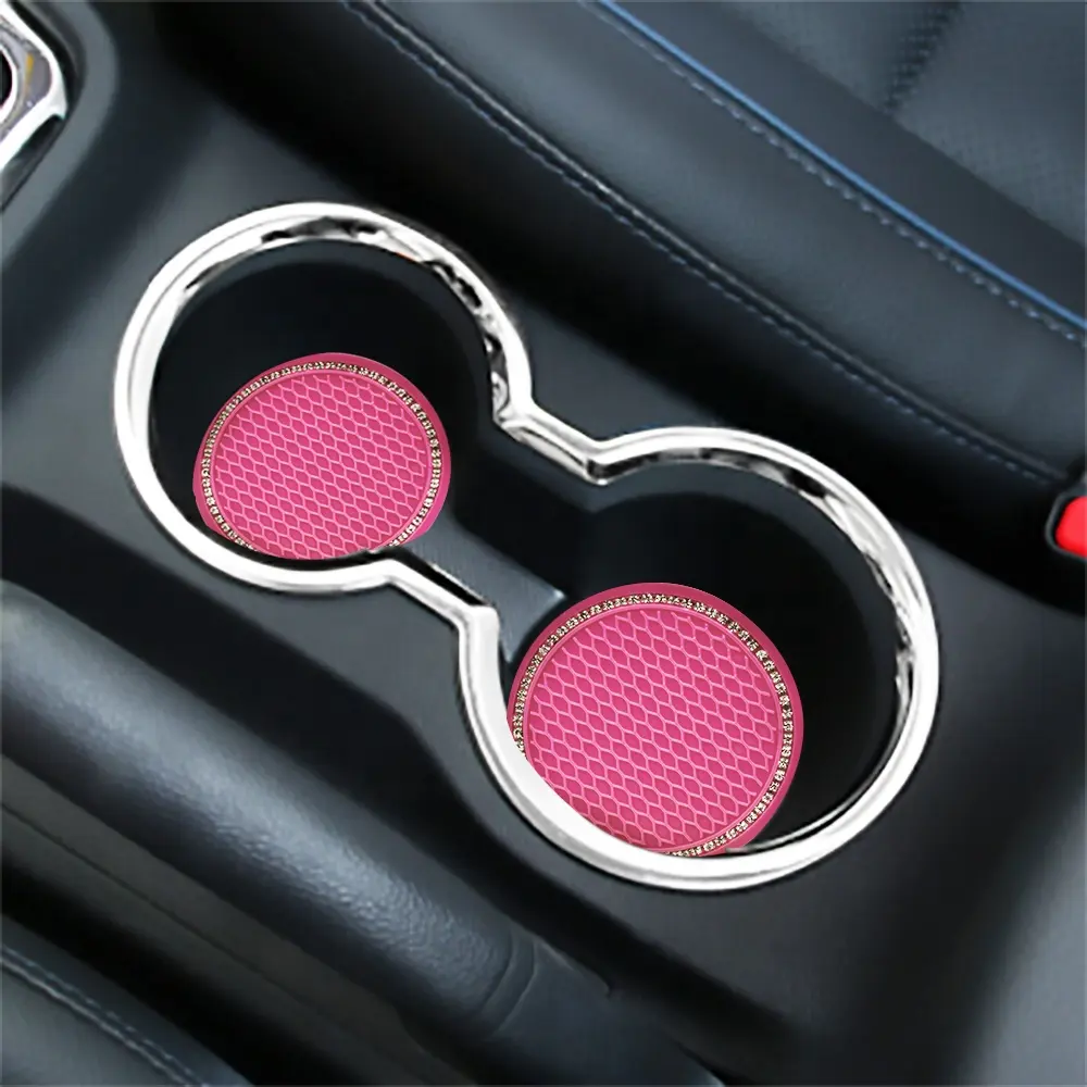 Pemegang cangkir Bling mobil 7cm tatakan berlian imitasi Aksesori Interior mobil tatakan minuman antiselip merah muda