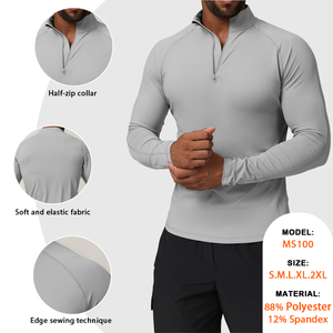 Maglietta Sportiva da <span class=keywords><strong>Uomo</strong></span> a <span class=keywords><strong>Maniche</strong></span> Lunghe con Mezza Zip, Abbigliamento Fitness in Poliestere ad Asciugatura Rapida ed Elastico - Product Image 2