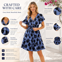Robe décontractée pour femme, coupe ample, à manches courtes, col en U, imprimé numérique tissé, motif fleur d'iris bleu roche, service OEM, été 2026