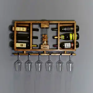 Modern Creative Restaurant Wood Wine Bottle Holder Rack Wall Mounted Floating Shelf With Wine Glass Holder