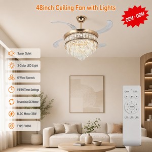 Ventilateur de plafond en cristal de 48 pouces avec lumière LED, moteur DC et télécommande pour salon, lustre moderne - Product Image 1
