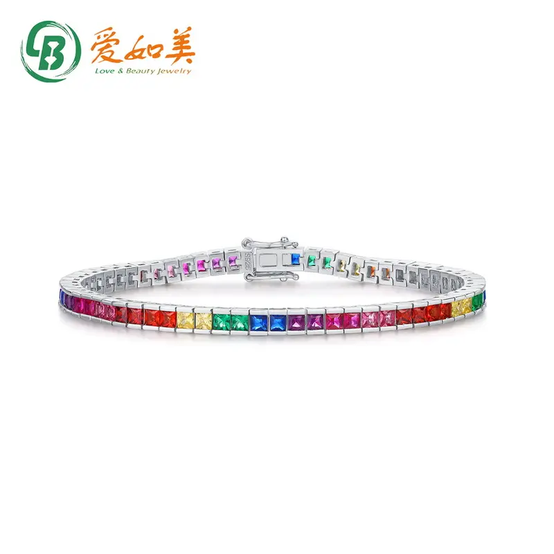 Fabbrica professionale personalizzato 925 gioielli da donna in argento arcobaleno disponibile pietre preziose Cubic Zirconia braccialetto da Tennis colorato 2023