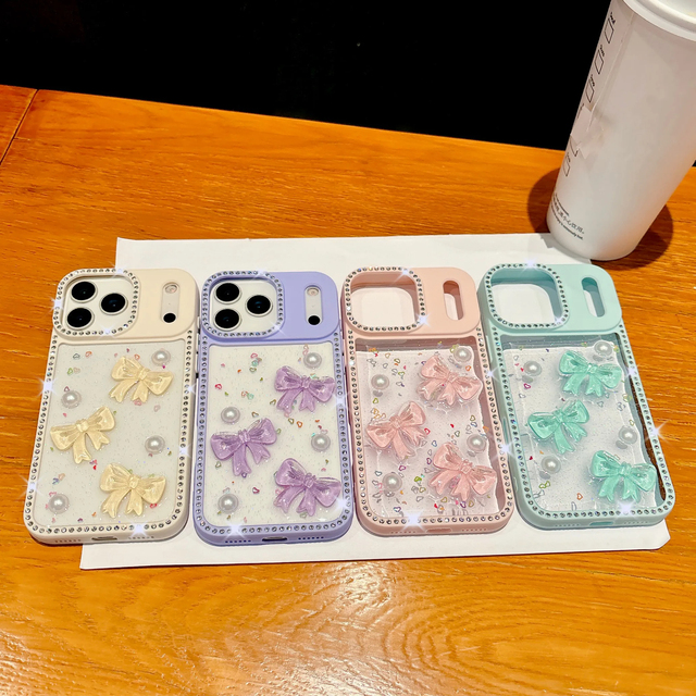 Girlish Glitter Bling 3D Pearl Bowknot Phone Case for iPhone 17 Air 16 15 14 13 17 Pro Max Shiny Diamond Bumper Clear Cover
