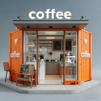 Simple Café & Roastery Featuring White Metal Stools and Linear Tiered Open Shelving Design