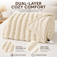 Plaid chauffant 62*84 pouces en fausse fourrure de lapin, flanelle double couche, 6 réglages de chaleur, protection contre la surchauffe, lavable