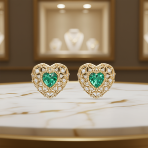 Orecchini a cuore bianchi champagne con gemma verde, montatura a castone in oro 18 carati, gioielli romantici da sposa per donna - Product Image 2