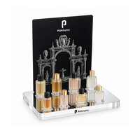 Présentoir à parfum en acrylique gravé avec base miroir et plateau à fentes, organisateur de fragrances pour boutiques et vente en gros