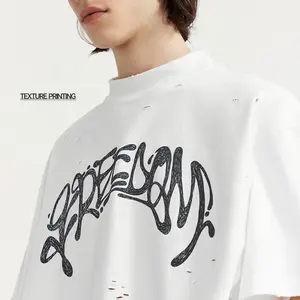 INFLATION Ripped Laceration High Collar Oversize T-shirt Man 265 GSM White Heavy Weight Cotton T Shirt Oversized Tshirt