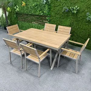 Outdoor Poly Houten Eettafel En Stoelen Plastic Houten Patio Tafel En Stoel Set