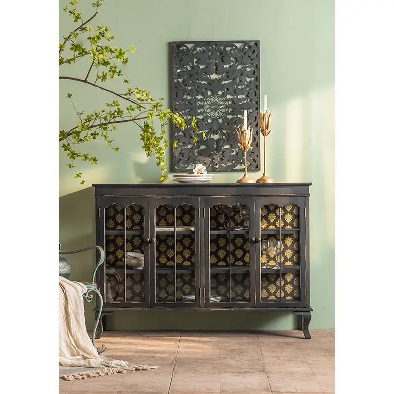 Moderne Designs schwarze Sideboard Heimdekoration großer Buffet Schrank Mdf Holzrahmen Seitentisch Ablageschrank mit Glastüren