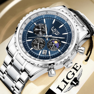 Montre pour homme LG8989 bleue 46 mm en acier inoxydable, <span class=keywords><strong>3</strong></span> sous-cadrans, luxe, sport, simple, date, chronographe, aiguille, quartz + boîte cadeau - Product Image 1