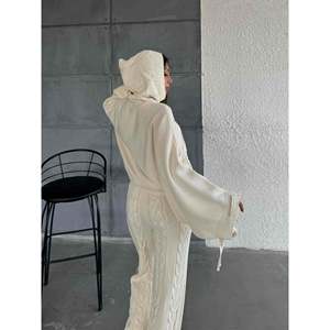 Conjunto de suéter de punto con capucha para mujer, color hueso, talla grande, con suéter y pantalones a juego, conjunto cálido para invierno, talla S - Product Image 3