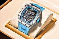 PINTIME 6826 Tonneau Luxus-Herrenuhr Neue Quarz-Uhrwerk Tourbillon Hohldesign Silikon Edelstahl Anpassbares Glas