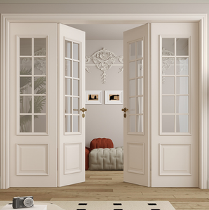 Custom Design <span class=keywords><strong>a</strong></span> doppia foglia bianco adescato MDF <span class=keywords><strong>porte</strong></span> <span class=keywords><strong>a</strong></span> battente in legno con vetro per balcone interno francese - Product Image 3