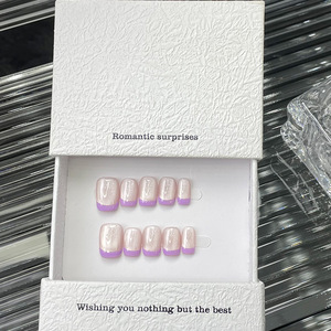 Ongles artificiels courts carrés œil de chat de haute qualité personnalisés, avec paillettes, réutilisables, couvrance totale, faits à la main, style français, à presser - Product Image 3