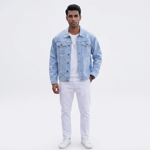 ODM <b>Men</b> <b>Denim</b> <b>Jackets</b> Windproof Vintage Style Custom Print Stand Collar Front Logo Street Wear Hooded 100% Cotton - Product Image 1