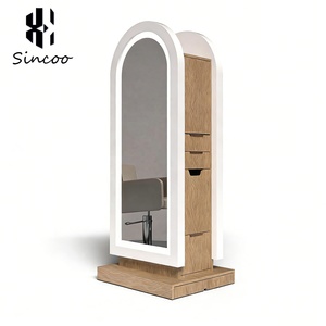 Espejo de <span class=keywords><strong>Barber</strong></span>ía Doble Cara de Vidrio Dorado con Diseño Moderno y Personalizado para Salón de Peluquería, con Almacenamiento y Cajón para Centro Comercial - Product Image 5