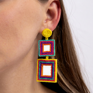 Boucles d'oreilles pendantes géométriques à perles pour femmes, style bohème, bijoux de fête, motif carré multicolore - Product Image 1