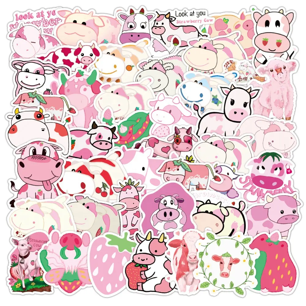 50 Stück VSCO Cute Pink Strawberry Cow Cartoon Aufkleber für Mädchen Gepäck flasche Laptop Washi Label