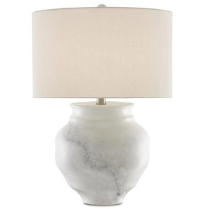 White Distressed Ceramic Urn Modern Rustic Table Lamp | Organic Neutral Lighting for Hotel Guest Room & Living Area - Product Image 1
