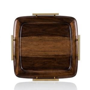 Plateau de service en noyer, plateau de rangement carré en bois avec poignées métalliques pour la salle à manger, les réceptions, plateau personnalisé fait à la main, finition haut de gamme - Product Image 1