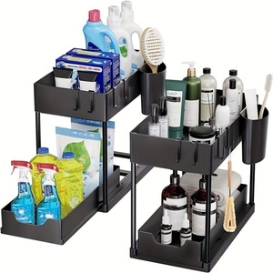 Scaffale portaoggetti estraibile a doppio strato in plastica, salvaspazio, da appoggio o sottolavello, per cucina e bagno - Product Image 1