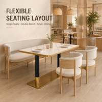 Banc scandinave avec revêtement en bouclette et fauteuils pour restaurant, ensemble de sièges à structure en bois avec table en pierre pour café