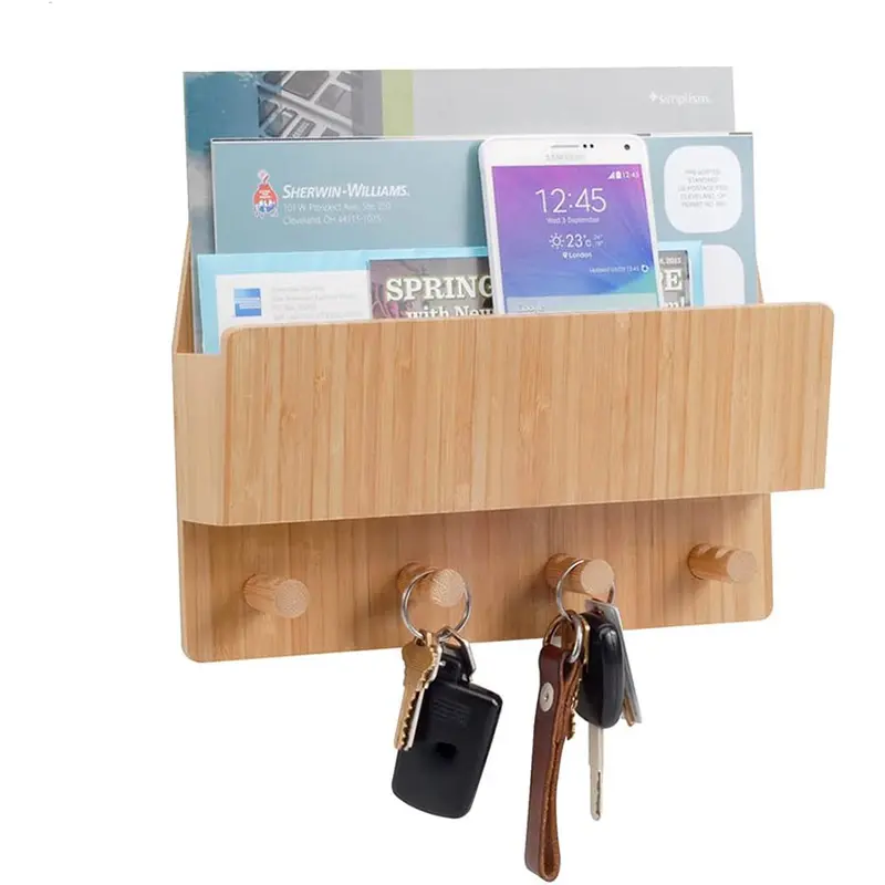 Bamboo Wall Mounted Mail Organizer Multi purpose Letter Holder Key Rack Organizer For Entryway key rack
