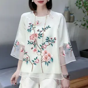 Отличная Свободная Женская блузка с вышивкой и круглым вырезом, 2023 Новая китайская женская блузка на пуговицах с вышивкой.