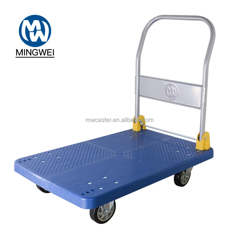 Mw Trolley Fabriek 150Kg/200Kg/300Kg/400Kg/500/600Kg Blauw Plastic Opvouwbare Platform Trolley Voor Magazijn