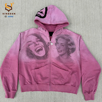 Sudadera con capucha personalizada de algodón 100% de 420GSM de alto gramaje, con cremallera completa, lavado vintage, corte holgado para hombre, estampado DTG de retrato