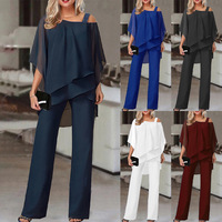 Ensemble deux pièces pour femme, haut asymétrique à épaules dénudées et pantalon large, tenue décontractée pour soirée et détente, extensible, été, vente en gros
